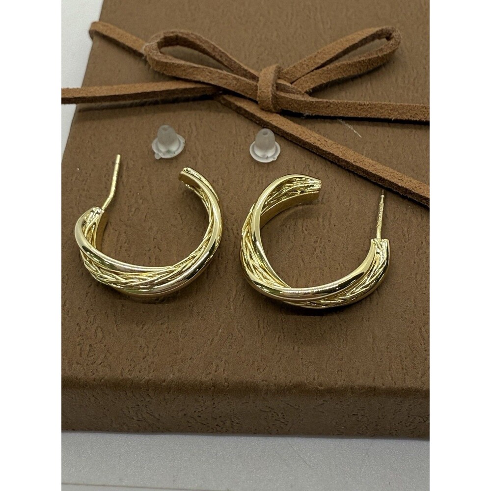 Braid Twist C-Shaped Open Hoop Earrings Gold Plated Sterling Silver 925 UTC CN - Picture 4 of 11
